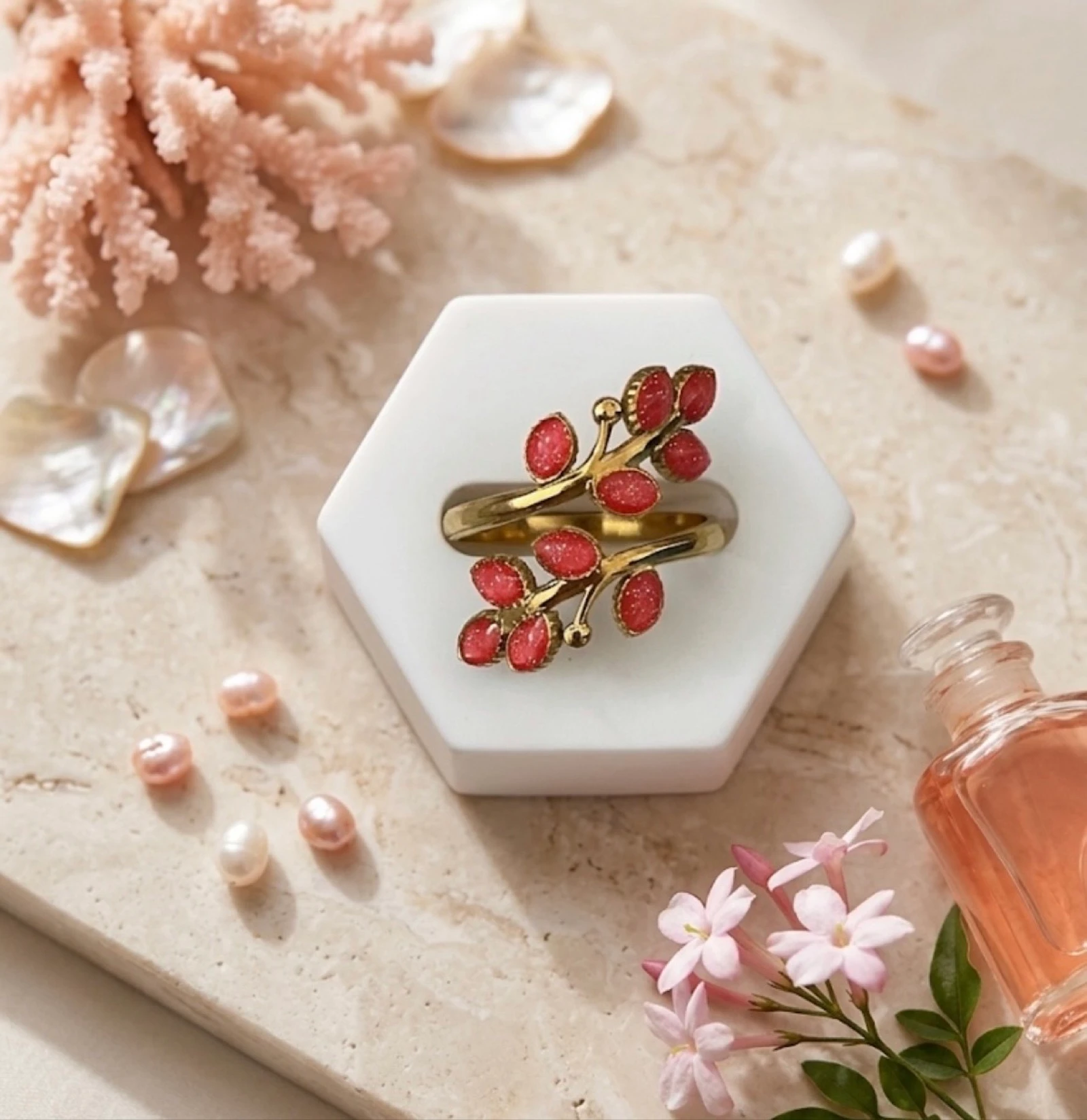 Bague Branche Fleurie & Éclats Corail